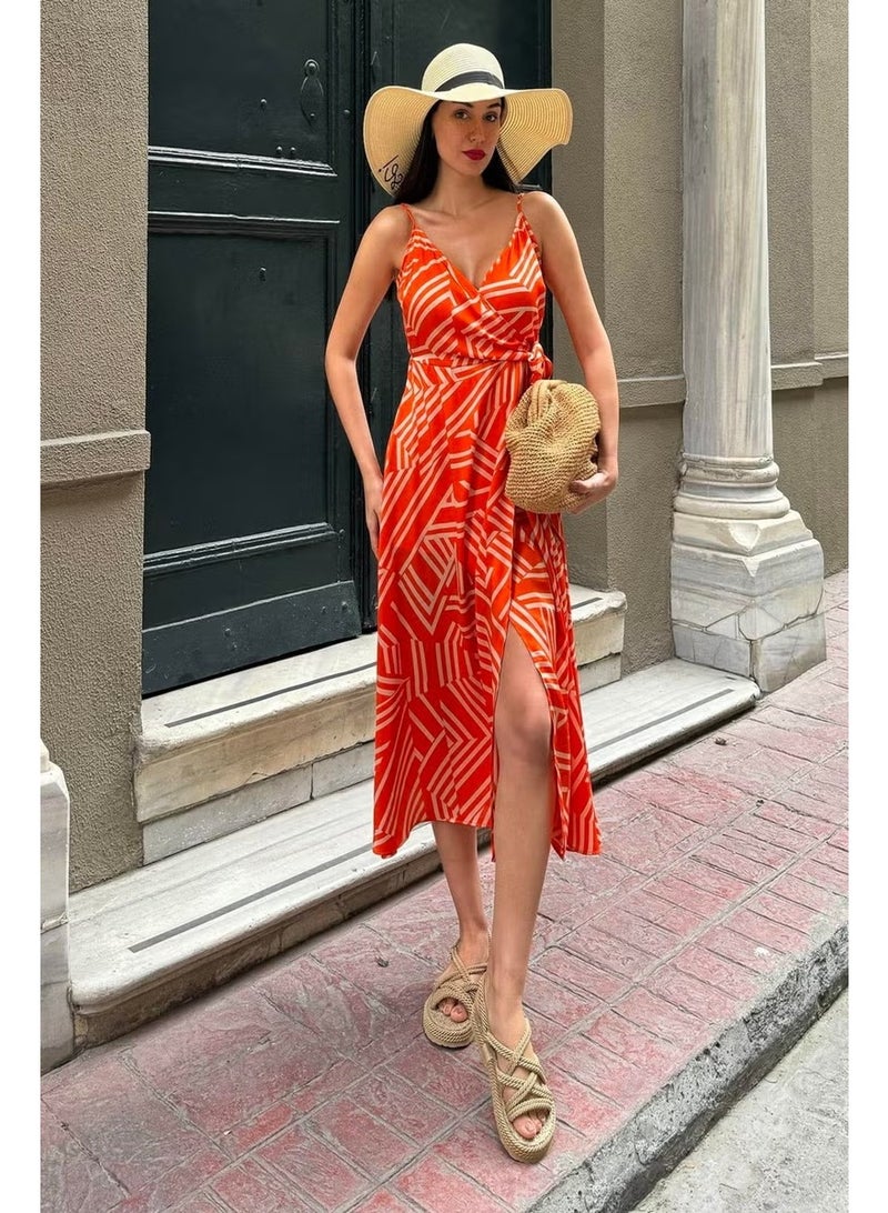 For You Moda Strappy Double Breasted Patterned Long Orange Dress - Image 2